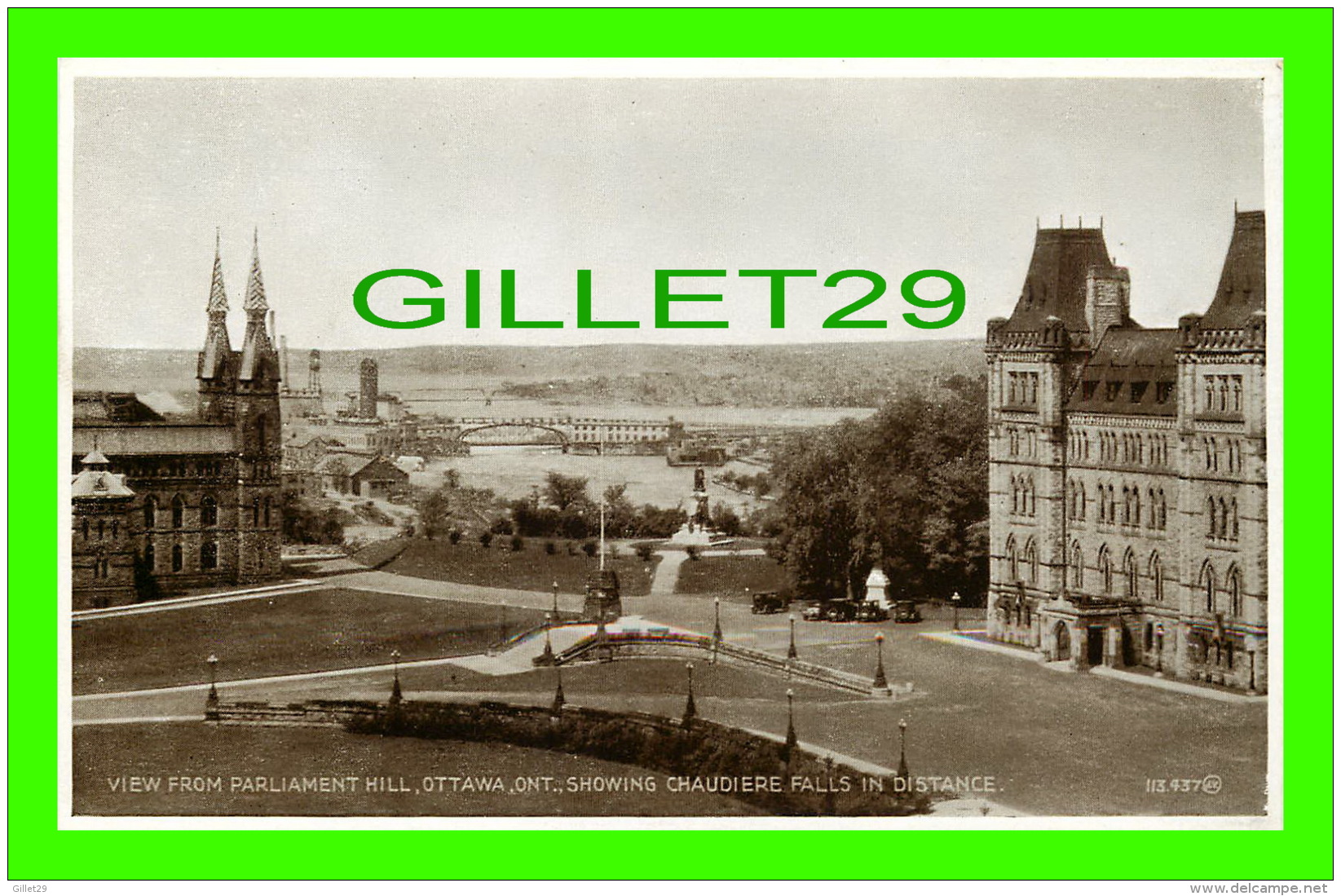 OTTAWA, ONTARIO - VIEW FROM PARLIAMENT HILL, SHOWING CHAUDIERE FALLS IN DISTANCE - PUB. BY VALENTINE-BLACK CO LTD - - Ottawa