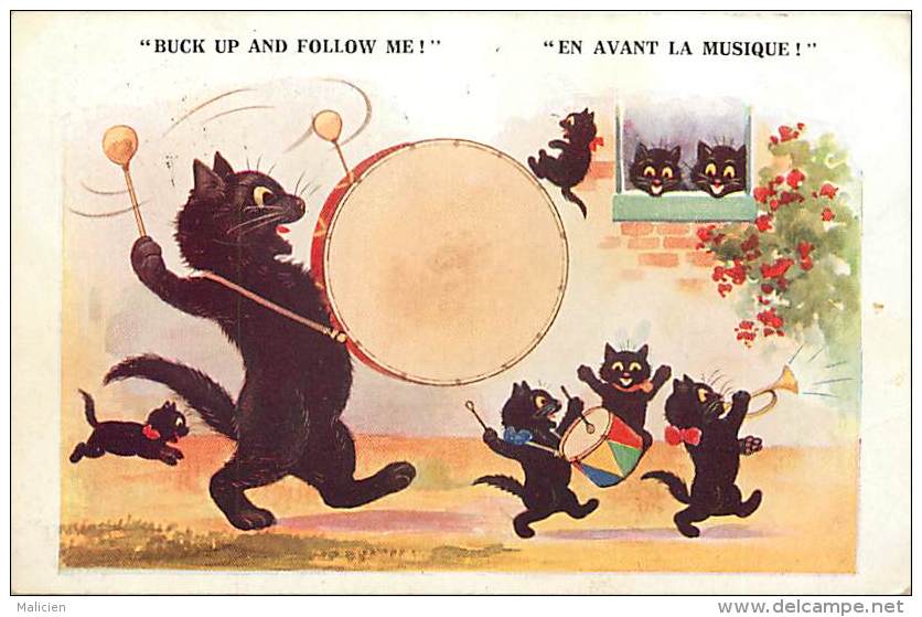 - Themes Divers -ref-M 986 - Animaux - Chats Noirs Musiciens - Chat Noir - Illustrateur - Illustrateurs - Musique - - Katten