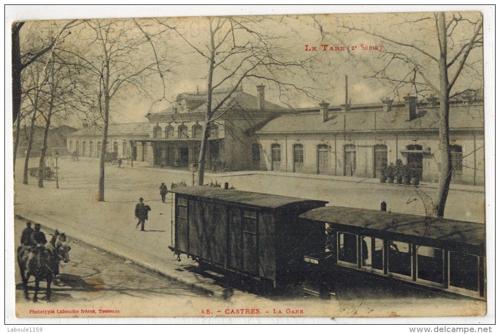 CASTRES Tarn : " La Gare " Plan Animé Avec Wagons Et Cheval - Chemins De Fer - Circulée Ouveillan - Castres