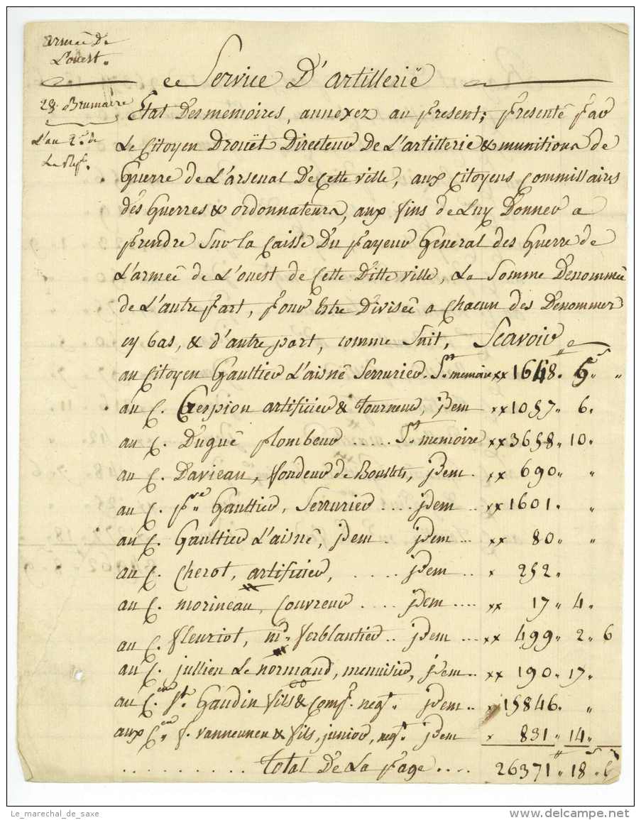 REVOLUTION &ndash; ARMEE DE L&rsquo;OUEST - ARSENAL D&rsquo;ANGERS &ndash; Trois Documents 1793 Et 1794 - Historical Documents
