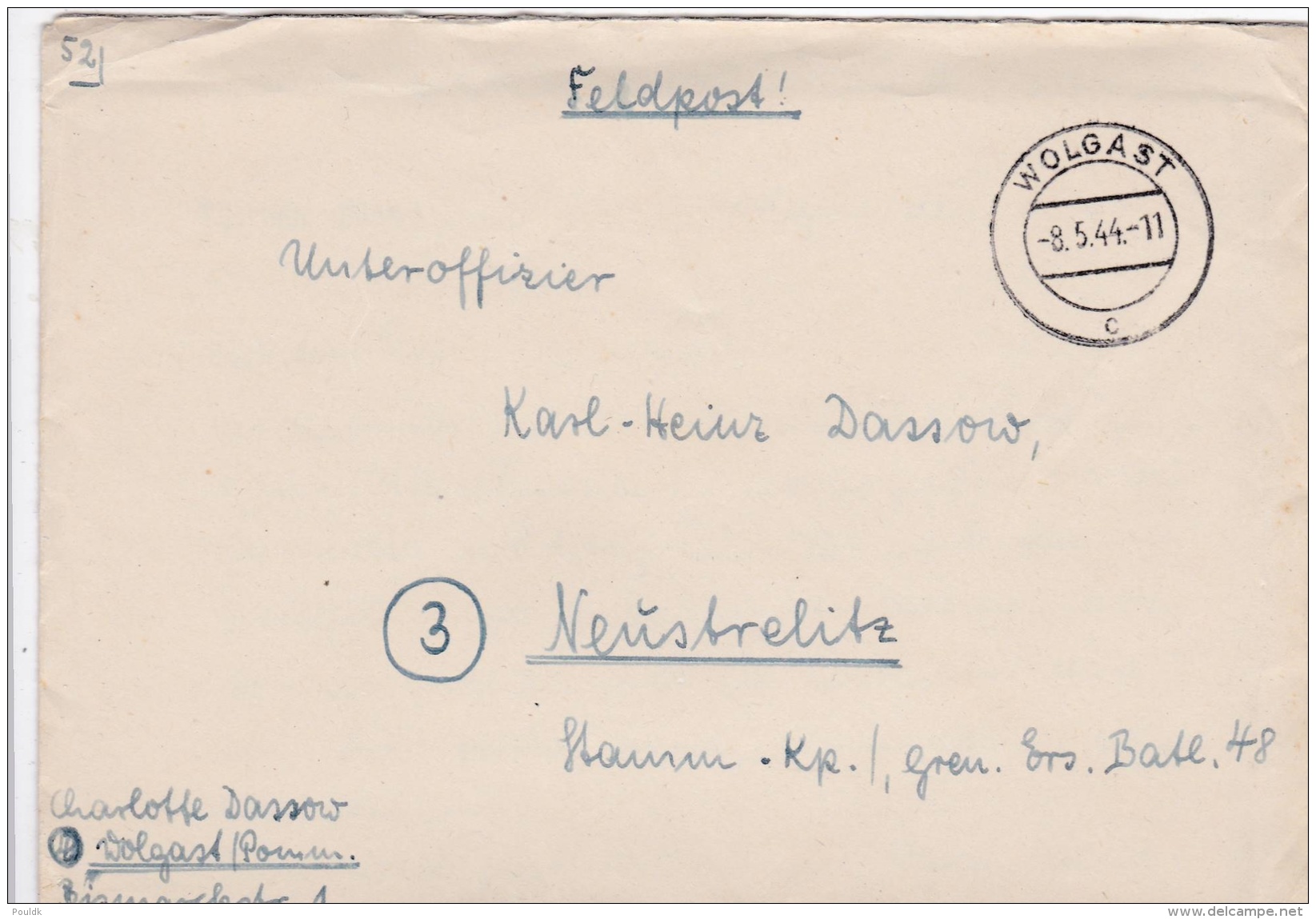 Feldpost WW2: To A NCO In Grenadier Ersatz Bataillon 48 In Neustrelitz P/m Wolgast 8.5.1944 - Letter Inside  (G85-17) - Militaria