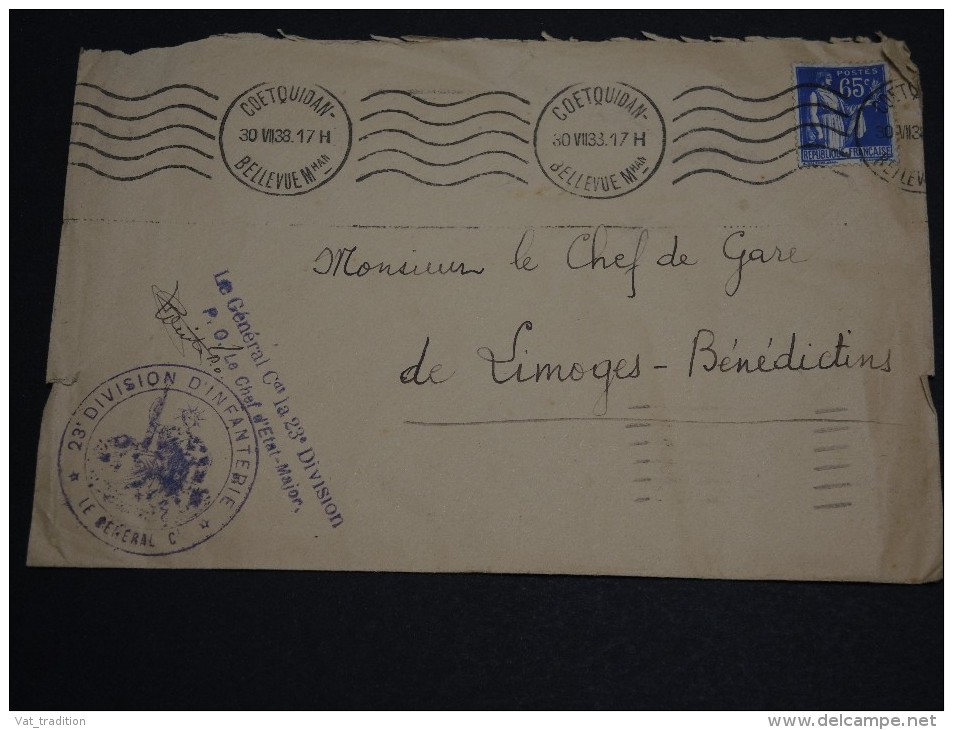 FRANCE  - Enveloppe De La 23 ème Division D' Infanterie à Coëtquidan Pour Limoges En 1938 - A Voir - L 434 - Cachets Militaires A Partir De 1900 (hors Guerres)