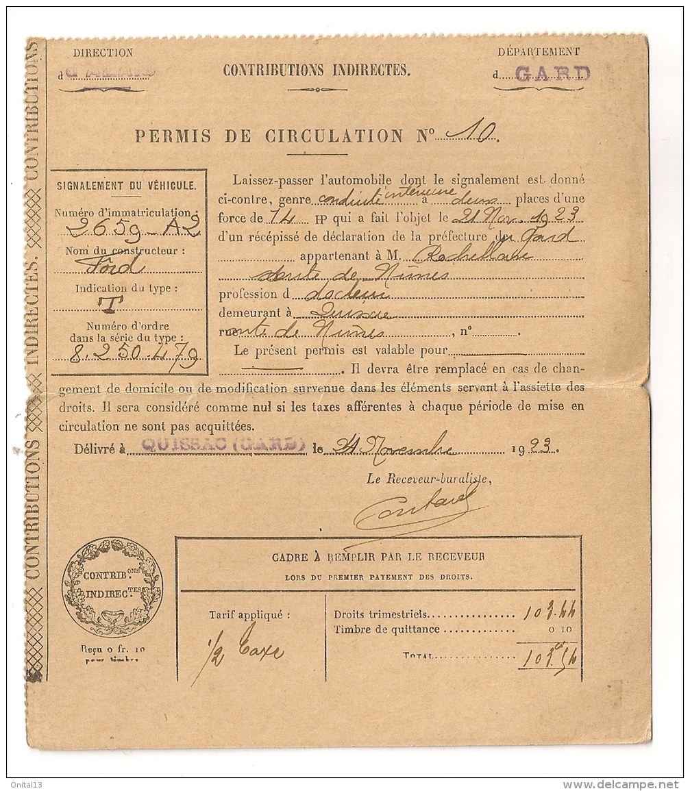 PERMIS DE CIRCULATION / GARD 1923 / FORD T  CPA266 - Documents Historiques