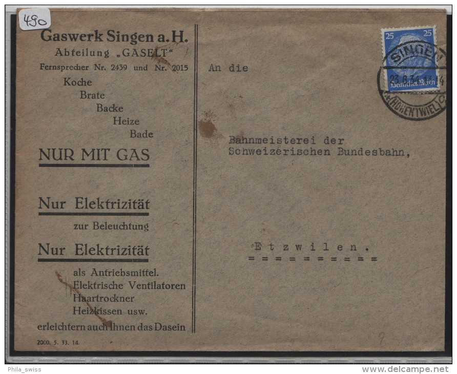 1932 Hindenburg Medaillon 25pf. Von Gaswerk Singen Nach Etzwilen - Storia Postale