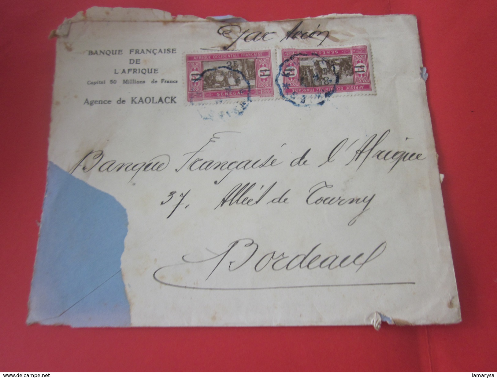 Marcophilie Europe France (ex-colonie )Sénégal (1887-1944) A.O.F - Lettre & Document Banque Française De L'Afrique - Lettres & Documents