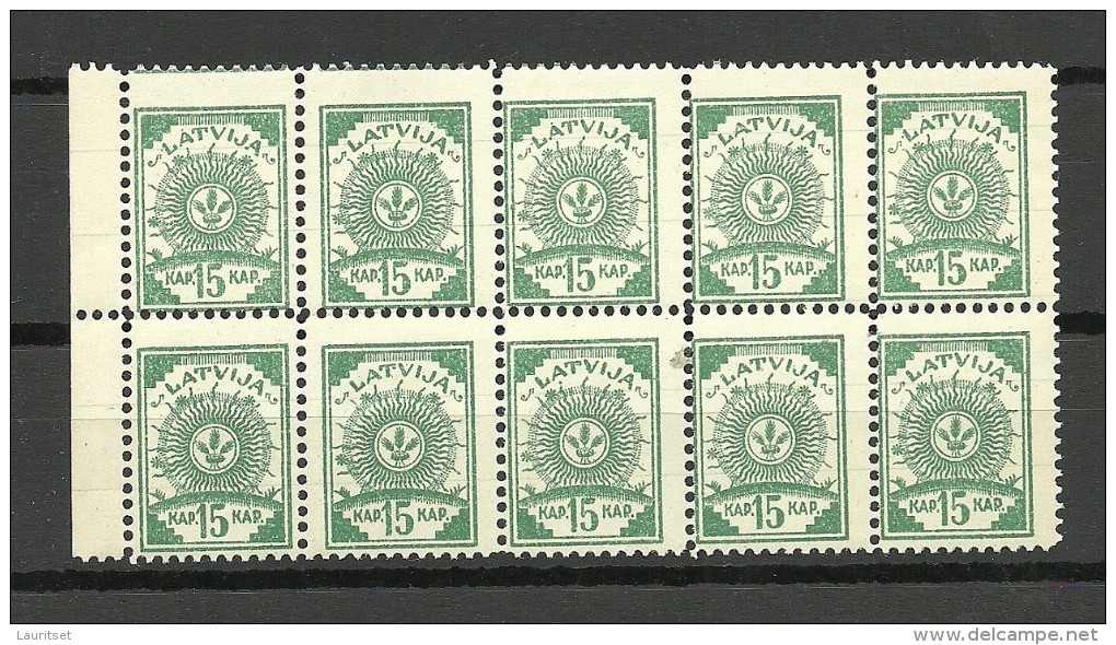 LETTLAND Latvia 1919 Michel 5 A In 10-Block With 2 Bzw. 3 Lines MNH Signed Interesting Light Green - Lettland