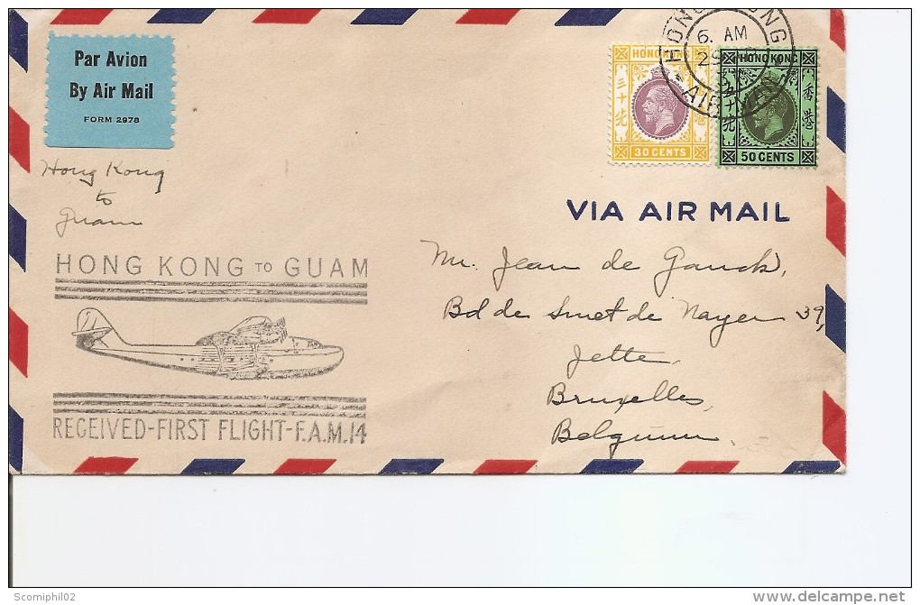 Hong-Kong ( Lettre En Premier Vol De 1937 De Hong-Kong  Via Guam Vers La Belgique à Voir) - Lettres & Documents