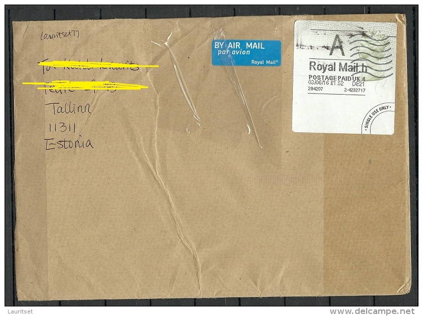 GREAT BRITAIN 2016 Cover To Estonia Queen Elizabeth + Label From Estonian Postal Service "Shipment Arrived Damaged" - Covers & Documents