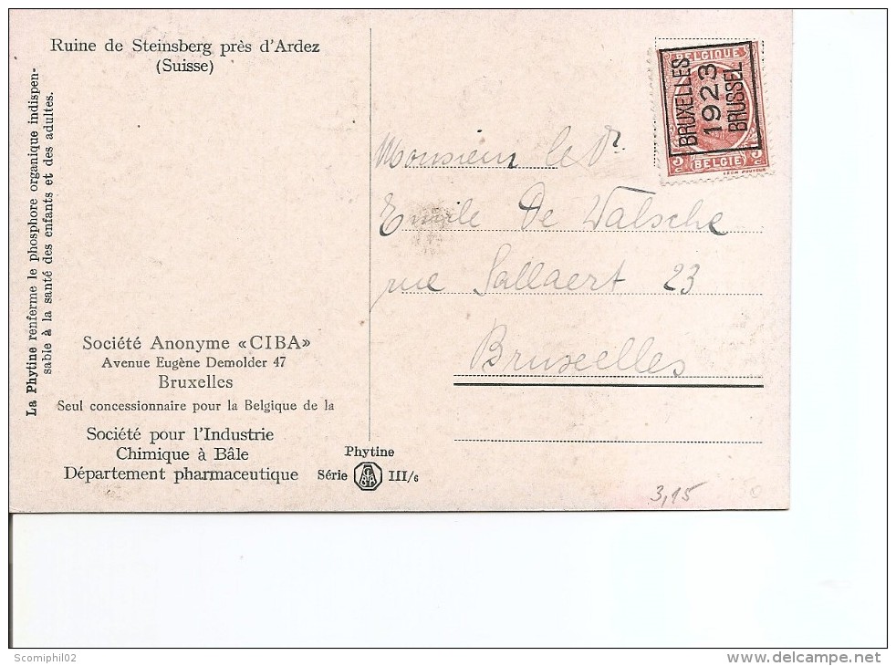 Belgique ( Préo De 1923 Sur Carte Postale De Bruxelles En Ville à Voir) - Typos 1922-26 (Albert I)