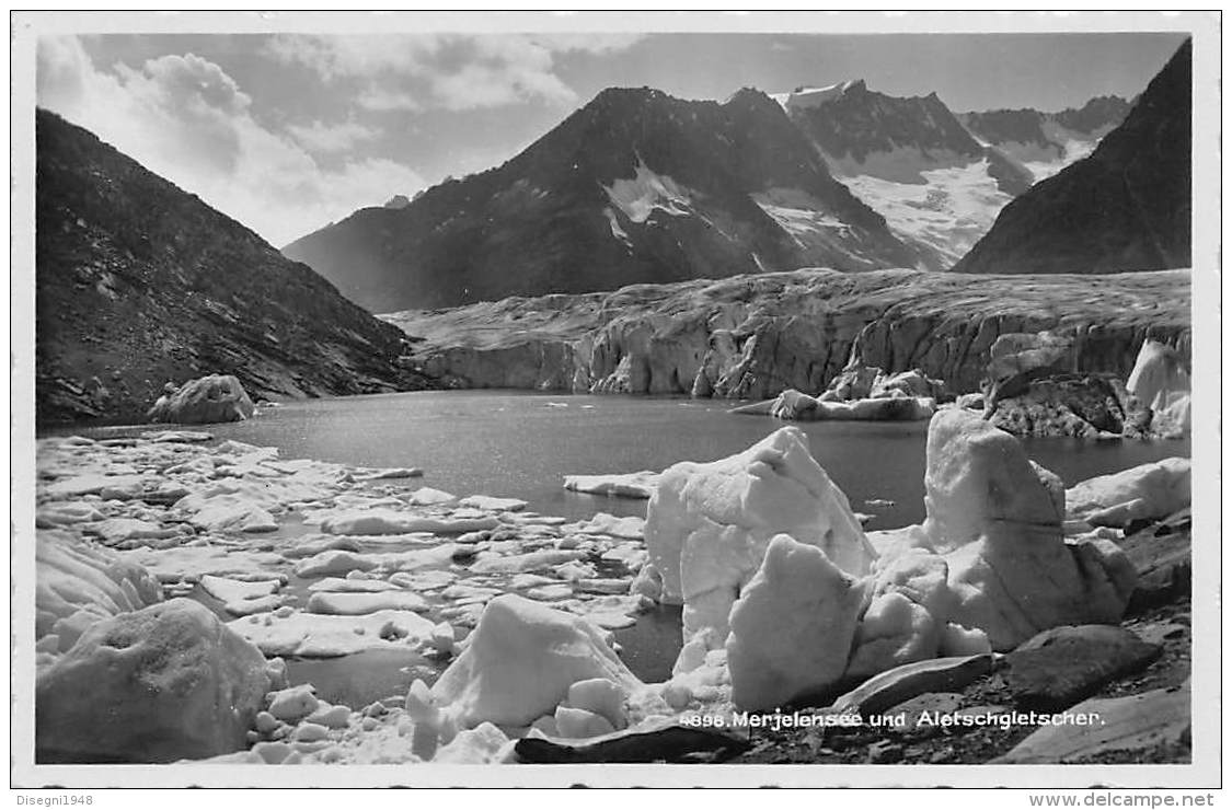 05824 "SVIZZERA - VALLESE - MERJELENSEE UND ALETSCHGLETSCHER" LAGO E MORENA GLACIALE. CART. ILLUSTR. ORIG., NON SPEDITA - Lens