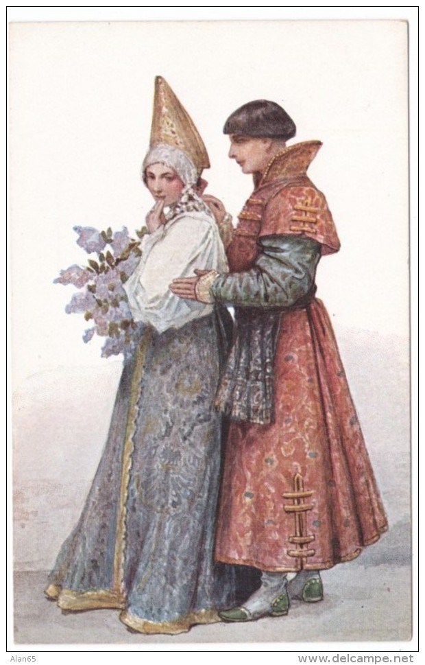 Solomko Artist Signed 'Words Of Love' Romance Couple Russian Fashion C1900s Vintage Postcard - Solomko, S.