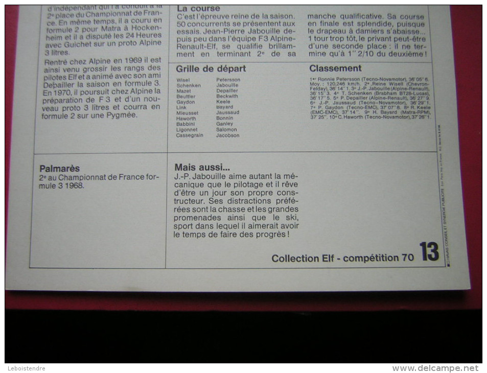COLLECTION ELF  COMPÉTITION 70 N° 13 J P JABOUILLE PILOTE ELF  COURSE AUTOMOBILE OFFERT PAR VOTRE STATION SERVICE ELF - Autres & Non Classés
