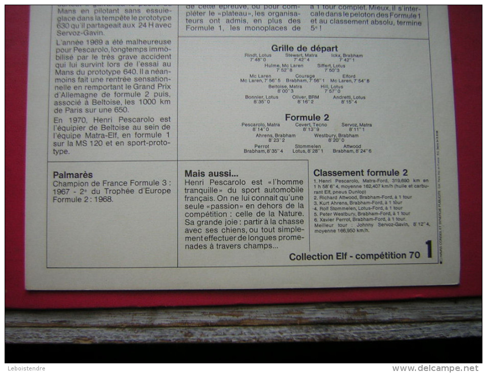 COLLECTION ELF COMPÉTITION 70 N° 1 HENRI PESCAROLO PILOTE ELF   COURSE AUTOMOBILE OFFERT PAR VOTRE STATION SERVICE ELF - Autres & Non Classés