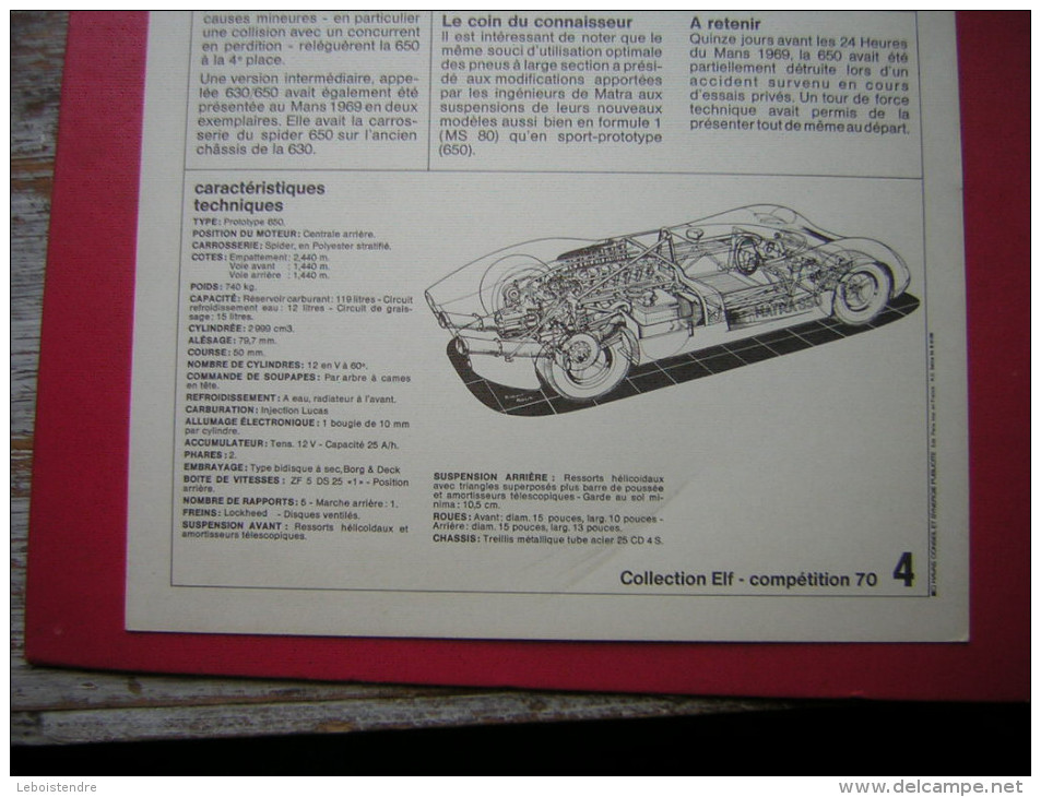 COLLECTION ELF COMPÉTITION 70 N° 4 MATRA ELF TYPE MS 650  COURSE AUTOMOBILE OFFERT PAR VOTRE STATION SERVICE ELF - Autres & Non Classés