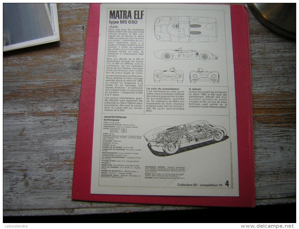 COLLECTION ELF COMPÉTITION 70 N° 4 MATRA ELF TYPE MS 650  COURSE AUTOMOBILE OFFERT PAR VOTRE STATION SERVICE ELF - Andere & Zonder Classificatie