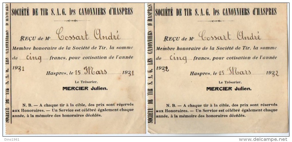 VP4982 -  2 Reçus De La Société De Tir S.A.G. Les Canonniers D' HASPRES - Sports & Tourisme