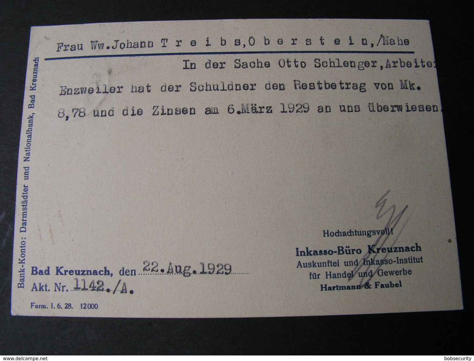 DR Reklame Karte Bad Kreuznach 1929 Inkasso Büro - Briefe U. Dokumente