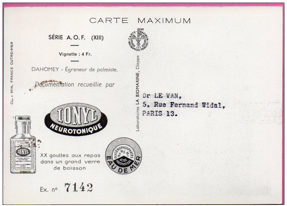 Lot de Cartes Maximum  numérotées de 1 à 15- Carte Pub IONYL avec oblitération du 29 Mars 1952