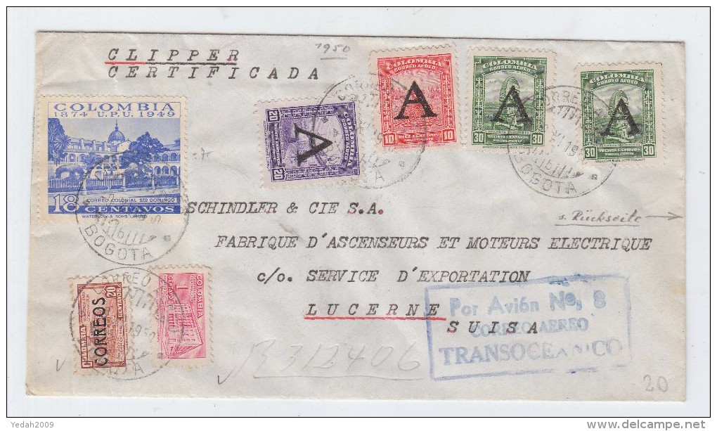 Colombia/Switzerland CLIPPER AIRMAIL REGISTERED COVER 1950 - Colombie