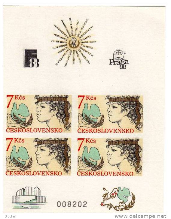 Finnlandia PRAGA 1988 CEPT-Mitläufer CSR Block 83 ** 60€+E-Karte Imperforiert Hb Ms Bloc Peace Sheet Bf Tschechoslowakei - Unused Stamps