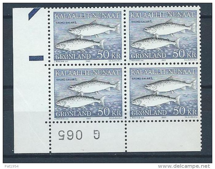 Groënland 1983 N°128 Neuf En Bloc De 4 Avec Marque, Poissons Saumons - Unused Stamps