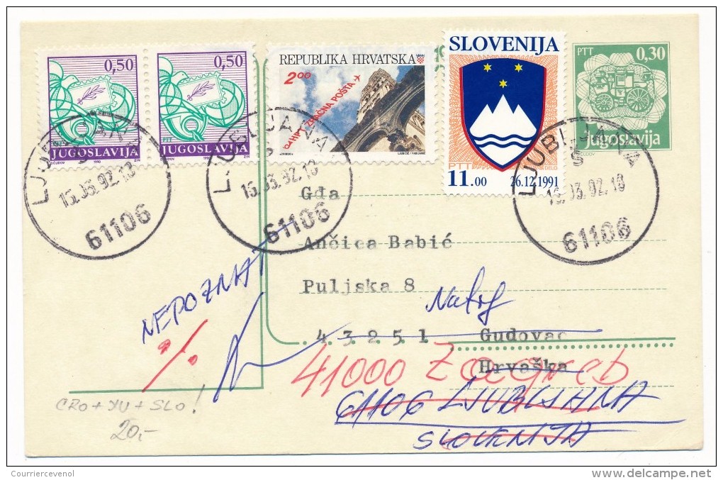 SLOVENIE - 7 Cartes Postales (entiers) - Affranchissements Mixtes Slovénie Yougoslavie 1992 - Slovénie