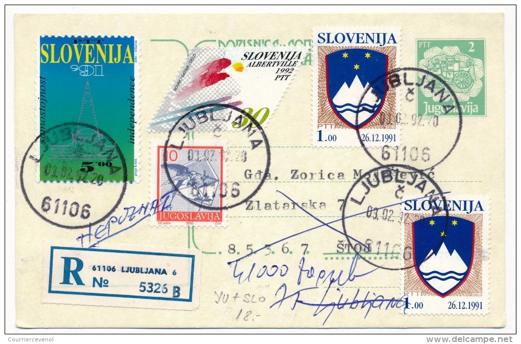 SLOVENIE - 7 Cartes Postales (entiers) - Affranchissements Mixtes Slovénie Yougoslavie 1992 - Slovénie