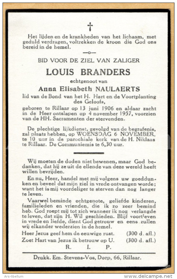 Doodsprentje / Bidprentje / Avis De Décès / Mortuaire / Louis Branders / X Anna Naulaerts / Rillaar / 1957 - Religion & Esotérisme
