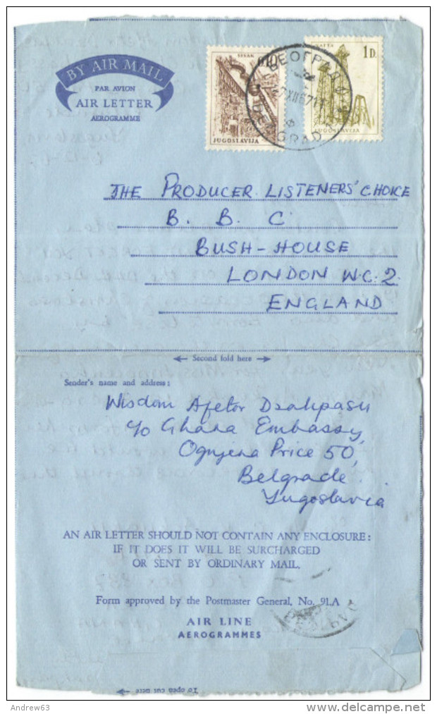 JUGOSLAVIA - Yugoslavia - YOUGOSLAVIE - JUGOSLAVIJA - 1967 - Aerogramme - 0,10 Sisak + 1d Nafta - Viaggiata Da Geogra... - Aéreo