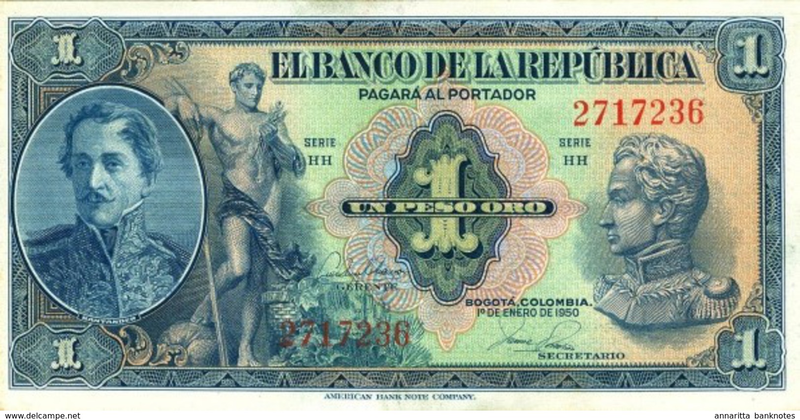 Colombia (BDLR) 1 Pesos Oro 1950 UNC RARE GRADE Cat No. P-380f / CO380f - Colombia