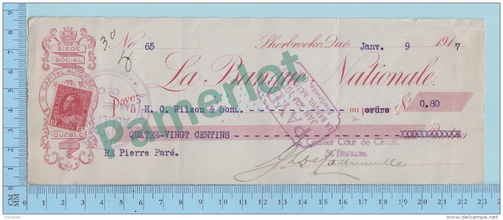 Cheque Timbre Taxe -  H. C. Wilson &amp; Sons , Sherbrooke Quebec 1917, $ 0.80 - 2 Scans - Cheques & Traveler's Cheques