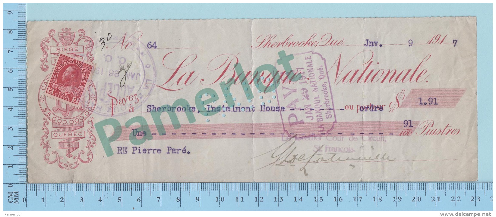 Cheque Timbre Taxe - La Sherbrooke Instalment House Sur Wellington Nord , Sherbrooke Quebec 1917, $1.95 - 2 Scans - Cheques & Traveler's Cheques
