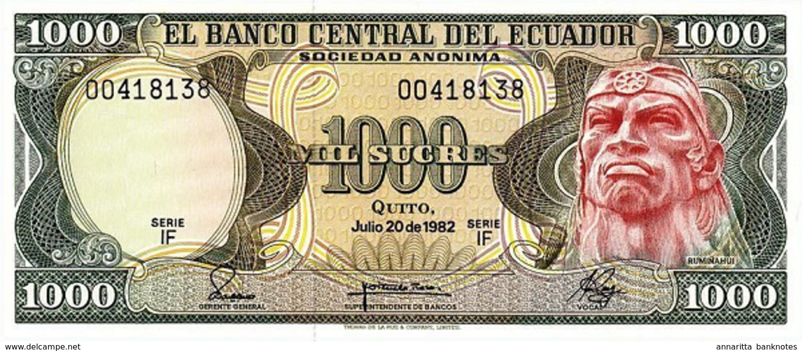 ECUADOR 1000 SUCRES 1982 P-120b UNC SERIE IF - Ecuador