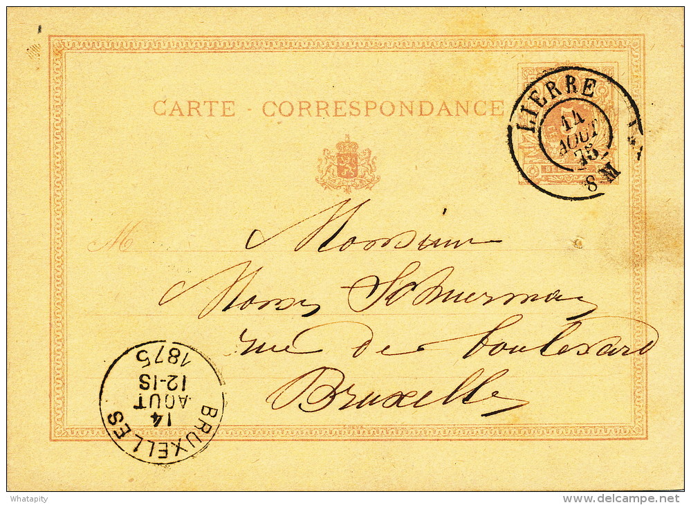 Entier Postal Lion Couché Cachet Double Cercle LIERRE 1875 Vers BXL  -- 21/152 - Cartes Postales 1871-1909