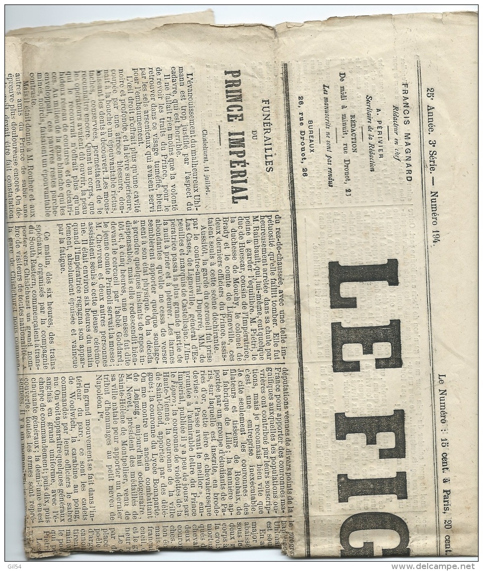 1er Page De "le Figaro" N°193 ET 194 , 12 Et 13 /06/1879, Mort Du Prince Imperial ( Napoléon 4) Mald20 - Historical Documents