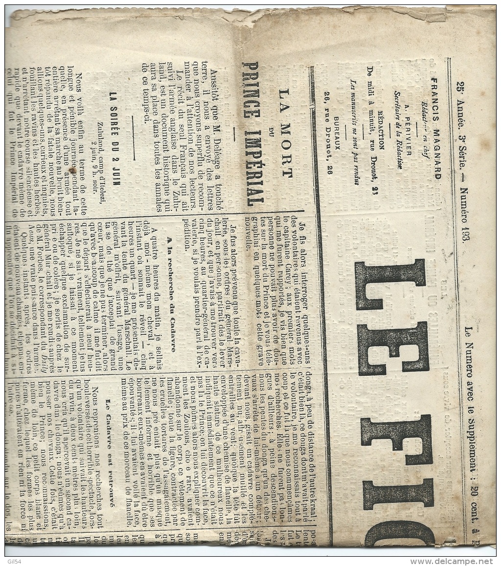 1er Page De "le Figaro" N°193 ET 194 , 12 Et 13 /06/1879, Mort Du Prince Imperial ( Napoléon 4) Mald20 - Historical Documents