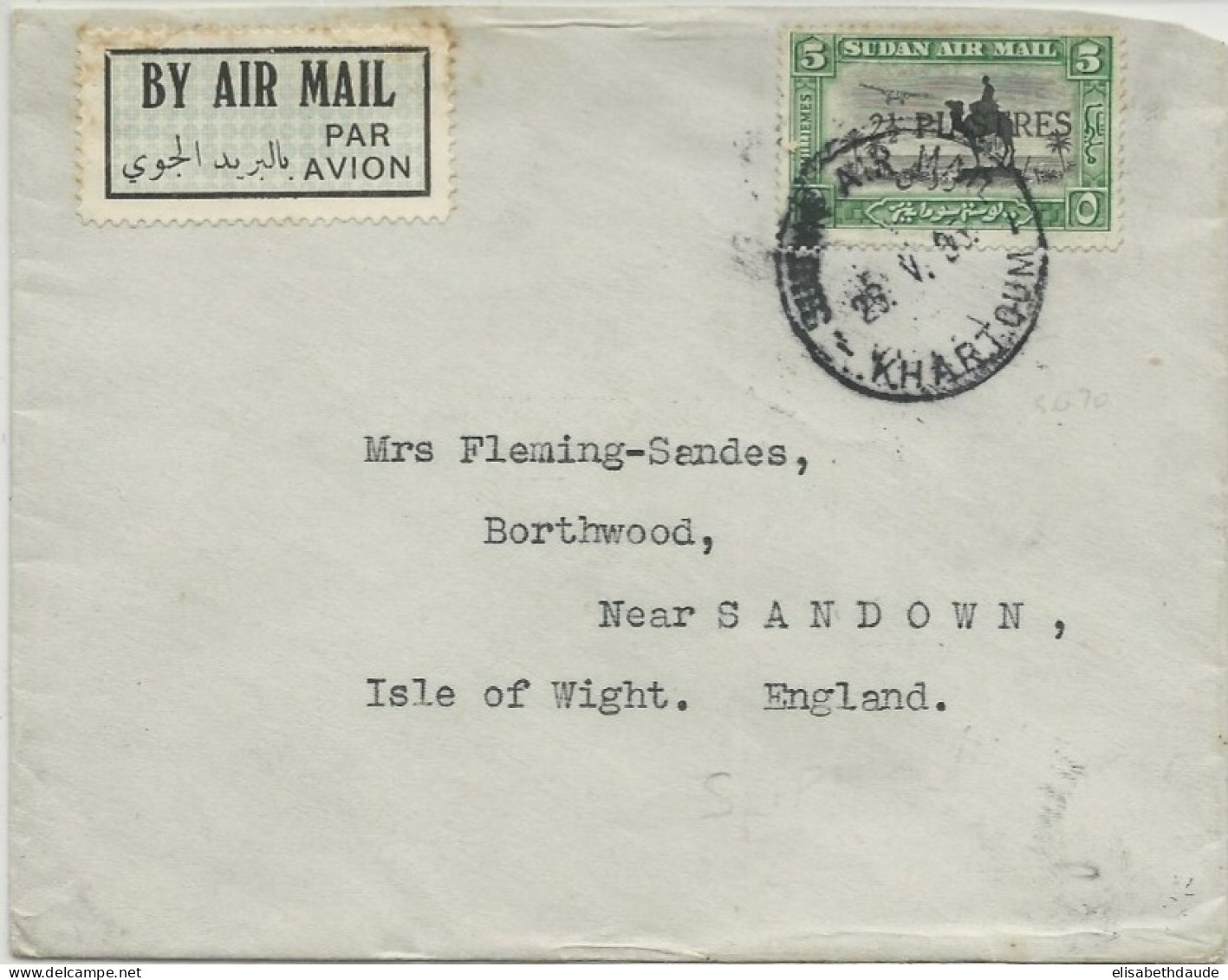 SOUDAN ANGLAIS - 1935 - SEUL SUR LETTRE AIRMAIL De KHARTOUM Pour SANDOWN (ISLE OF WIGHT) - Soudan (...-1951)