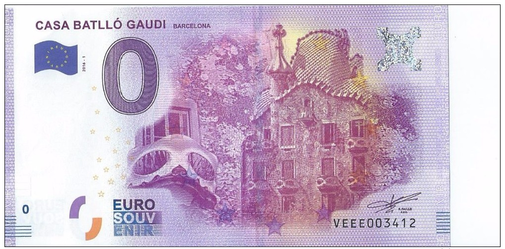 2016 BILLET TOURISTIQUE 0 Euro  Casa Batllo Gaudi  Barcelona Espagne  Port 1.20 - Essais Privés / Non-officiels