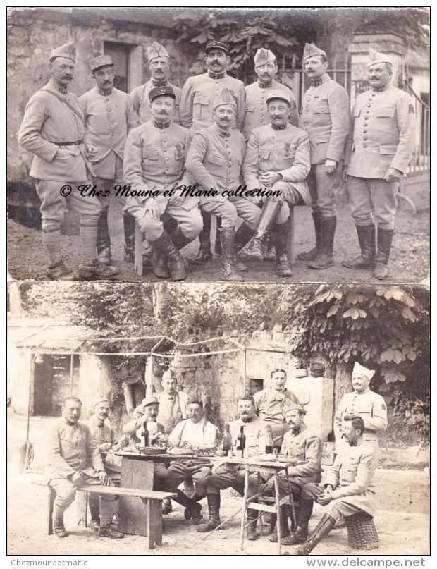 28 EME REGIMENT D ARTILLERIE - PAUSE DEJEUNER - CROIX DE GUERRE - CHEVRONS - LOT DE 2 CARTES PHOTOS MILITAIRES - Regimenten