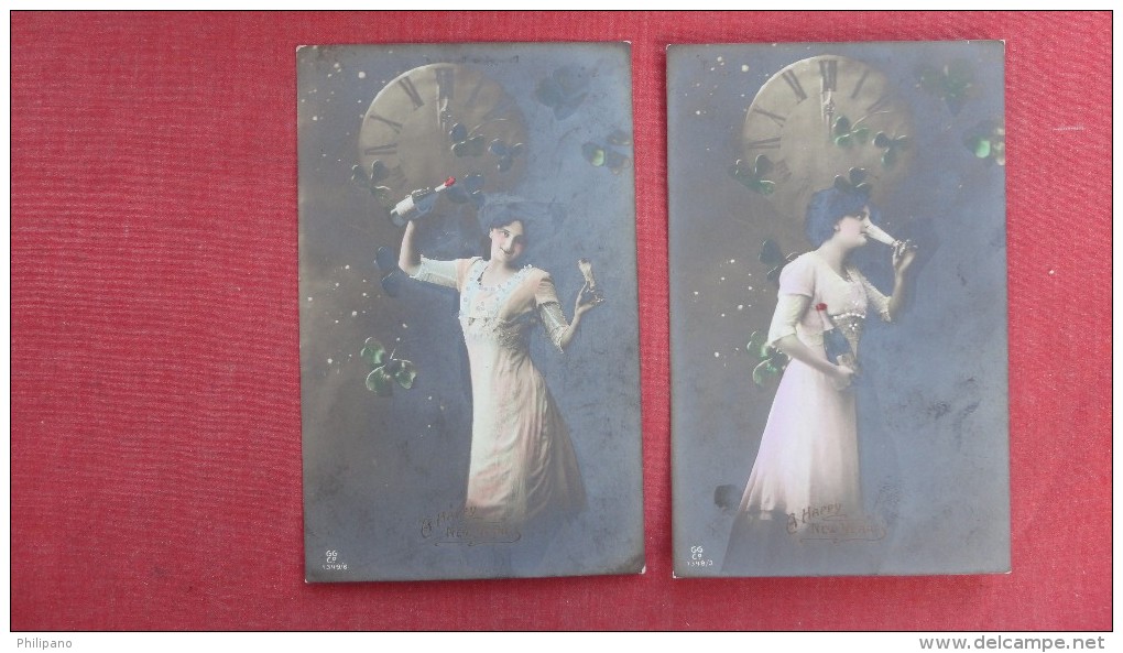 > New Year    Lot Of 2 Cards  Lady With Bottle & Clock    RPPC    Ref 2265 - New Year