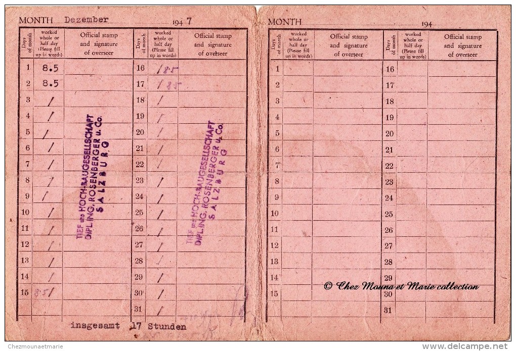 WWII 1947 - CAMP DE LEXENFELD 4 - SALZBURG SALZBOURG - DAILY WORK RECORD - LIVRET INDIVIDUEL DE TRAVAIL QUOTIDIEN - Documents