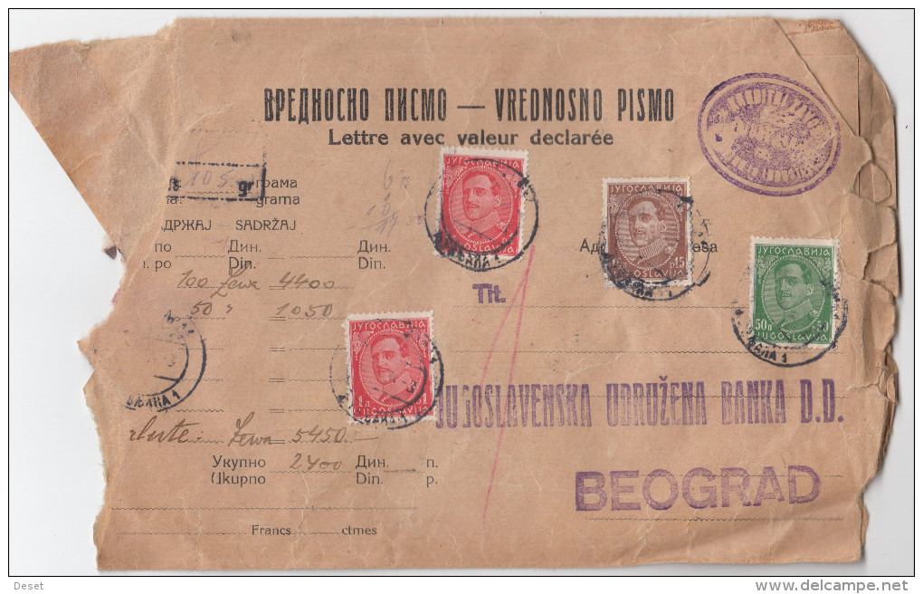Yugoslavia Insured Mail Letter Cover Travelled 1936 Ljubljana To Beograd D160701 - Covers & Documents