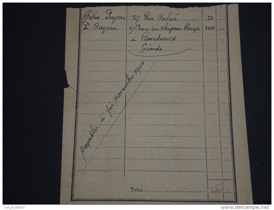 FRANCE - Document Avec Timbre Taxe ( Millésime 0 ) De Bordeaux En 1910 - A Voir - L 665 - 1859-1959 Lettres & Documents