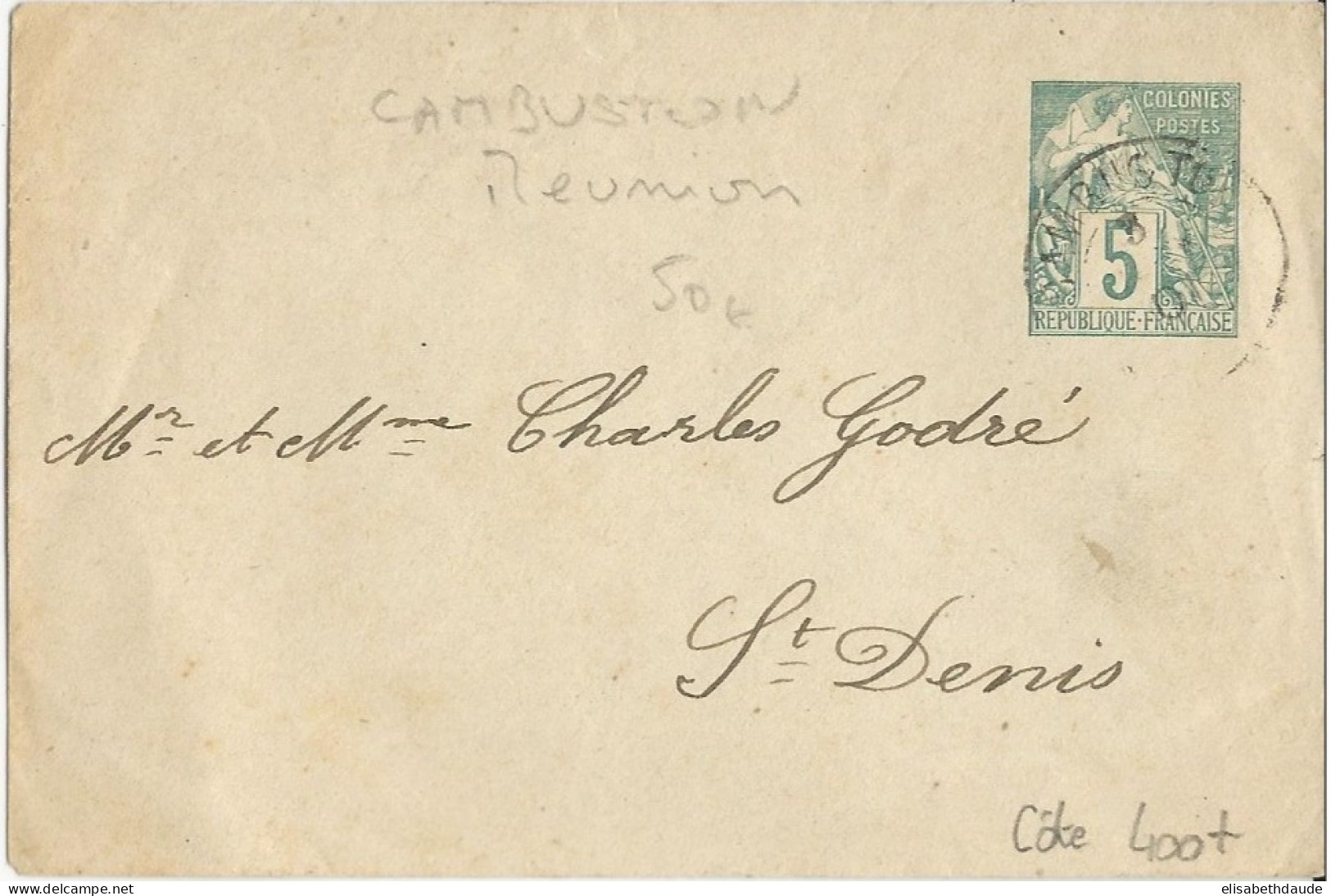 LA REUNION - 1901 - ENVELOPPE ENTIER TYPE ALPHEE LOCALE De CAMBUSTON (RARE) Pour ST DENIS - Covers & Documents