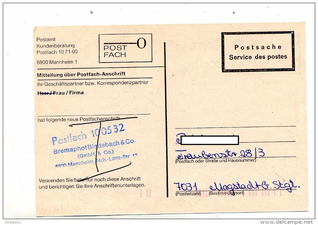 Carte Franchise Service Des Postes Mannheim Code Postal - Sonstige & Ohne Zuordnung