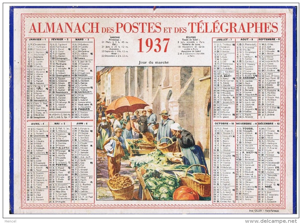 CALENDRIER - ALMANACH Des POSTES Et Des TELEGRAPHES 1937 ( Jour Du Marché ) - Grand Format : 1921-40