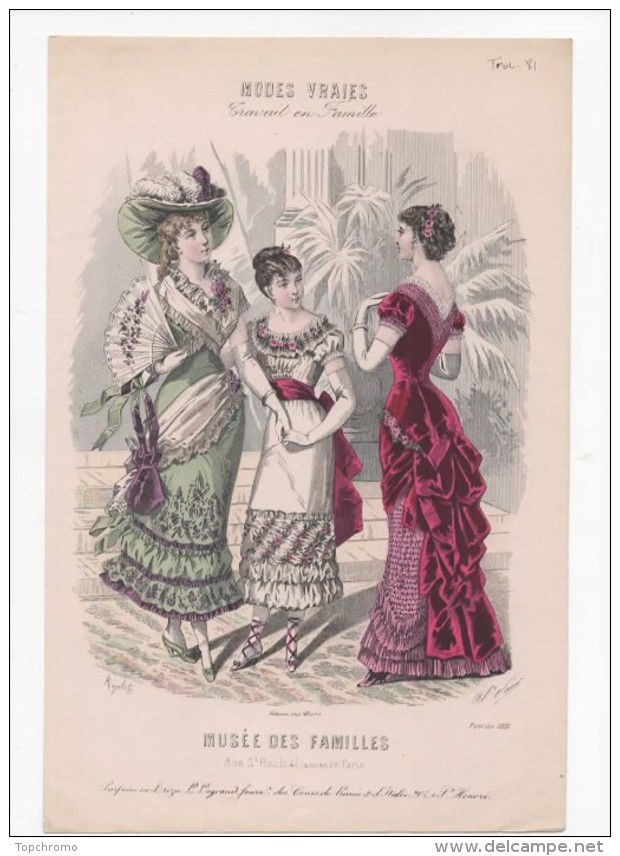 Gravure De Mode Musée Des Familles Modes Vraies Travail En Famille Rigolet Femmes éventail Février 1881 - Prints & Engravings