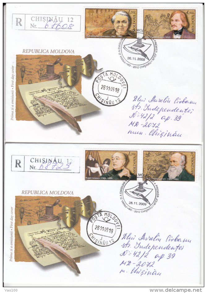 PERSONALITIES, WRITER, SCIENTISTS, REGISTERED COVER FDC, 2X, 2009, MOLDOVA - Moldova