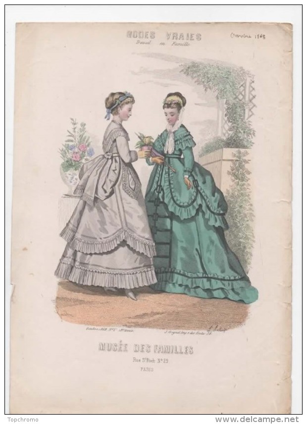 Gravure De Mode Musée Des Familles Modes Vraies Travail En Famille Gourdon Grognet Femmes Fleurs Octobre 1868 - Prints & Engravings