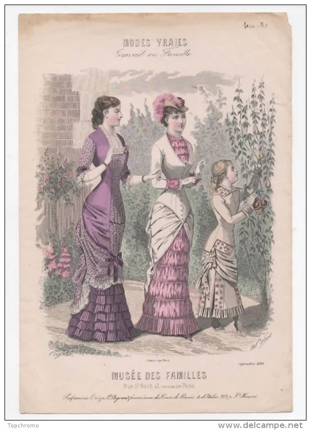 Gravure De Mode Musée Des Familles Modes Vraies Travail En Famille Rigolet Femmes Fille Fruits Septembre 1880 - Prints & Engravings